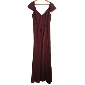 David’s Bridal Burgundy Wine Chiffon Cold Shoulder Gown Women 8 Formal Wedding
